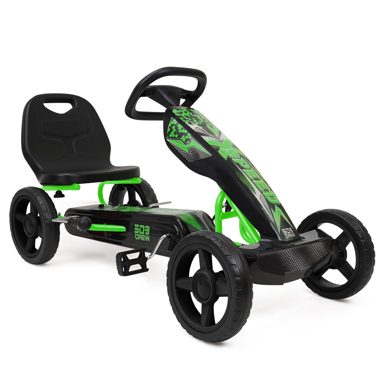 509 Crew: Xspeed Pedal Go-Kart - Green & Black - Kids 4 Wheel Sporty Ride-On Cart, Adjustable Seat, Steering Wheel, Indoor/Outdoor, 110lb Cap, Ages 4+